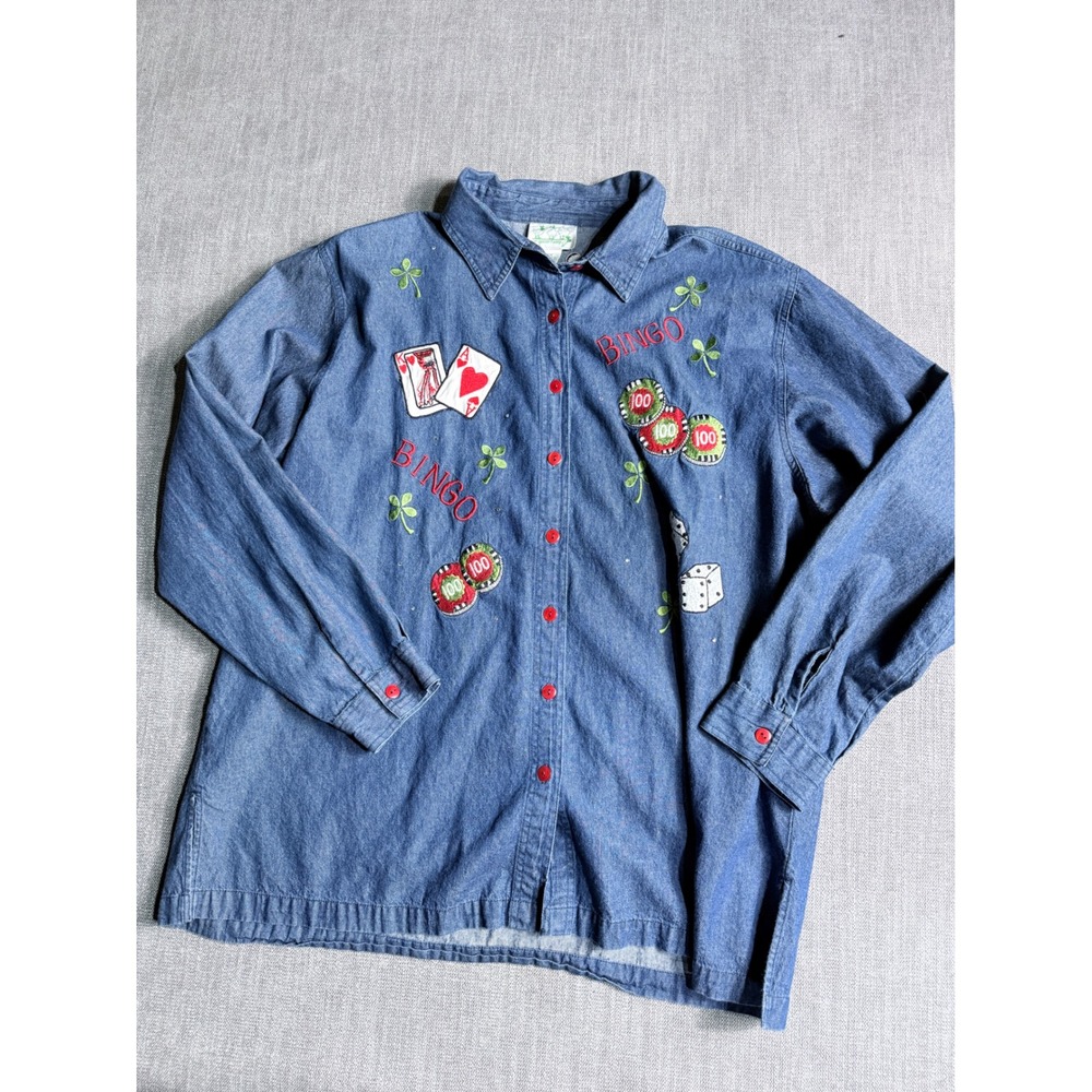 Quacker Factory Vintage Bingo Casino Denim Button Down Shirt 2X Blue Embroidery